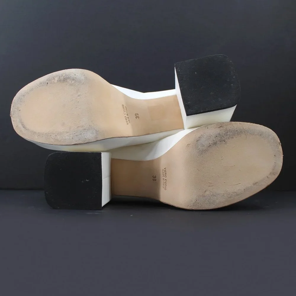 MOMA Platform Boots White Leather Handmade Block Heel Zip Back Seam SZ 39/10